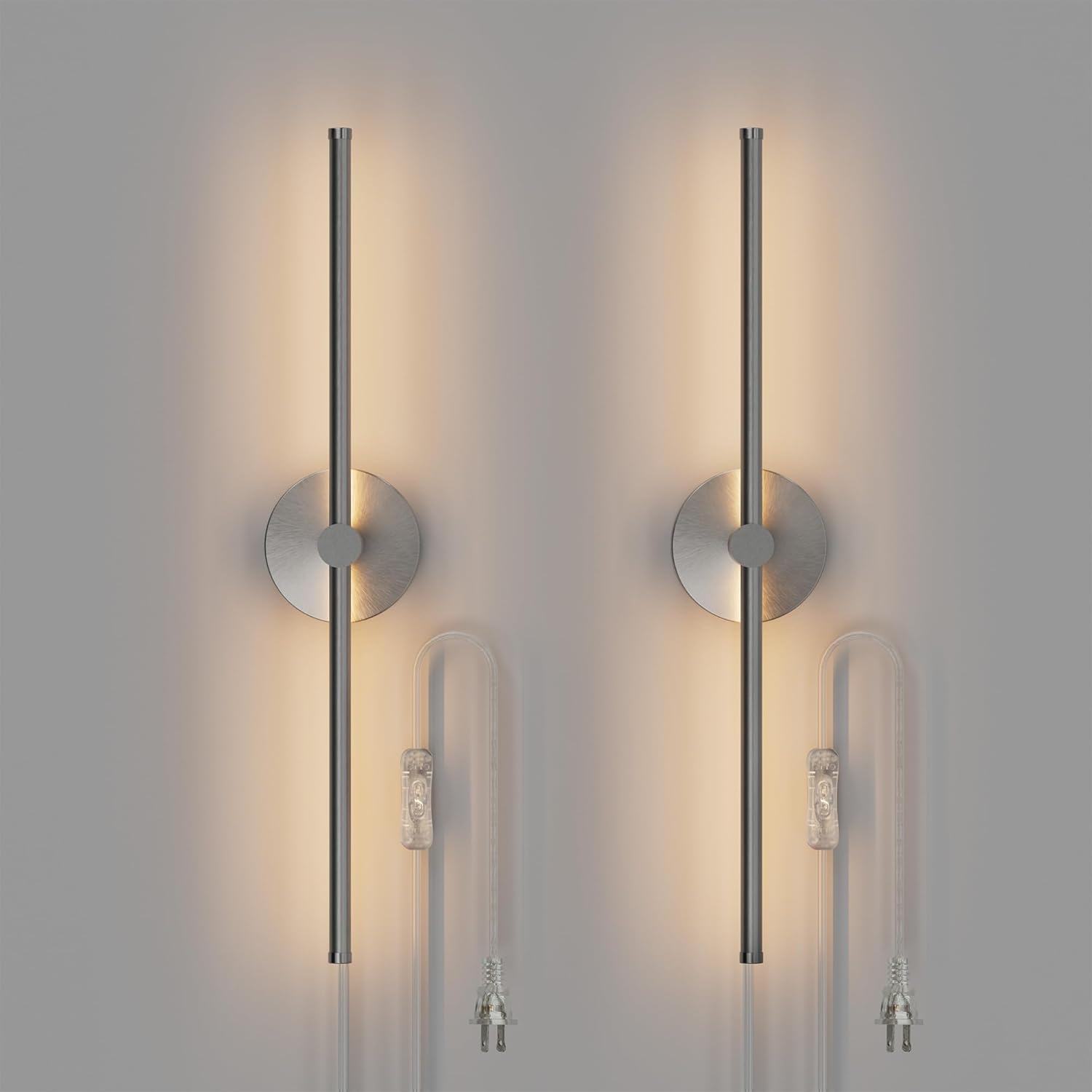 ZAGO Plug in or Hardwired Linear Wall Sconce: 24 Inch LED Indoor Modern Linear Wall Lights Set of Two with On/Off Switch, 5CCT Switchable, Brushed Nickel, Dimmable for Living Room, Bedroom, Hallway