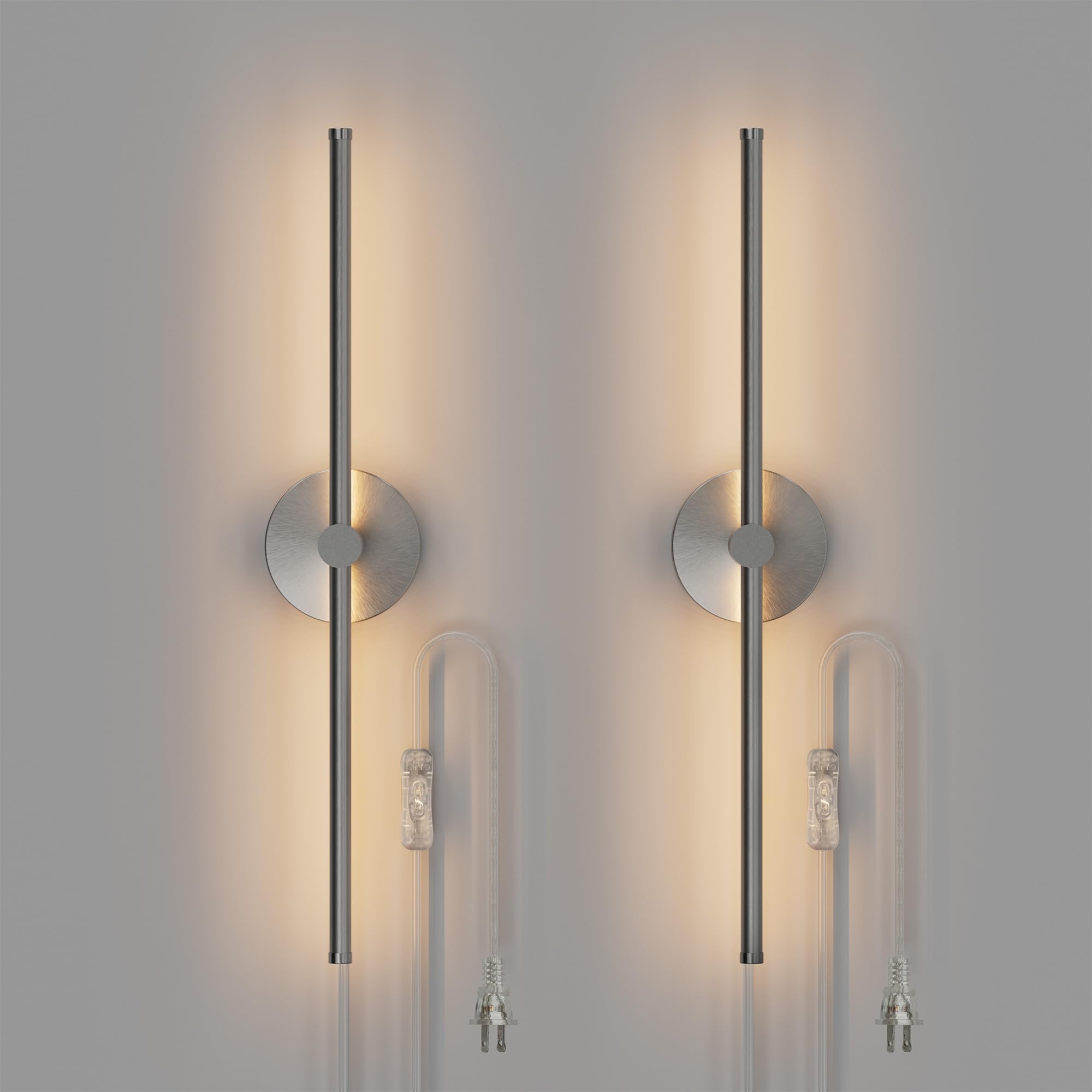 zago plug in or hardwired linear wall sconce: 24 inch led indoor modern linear wall lights set of two with on/off switch, 5cct switchable, brushed nickel, dimmable for living room, bedroom, hallway