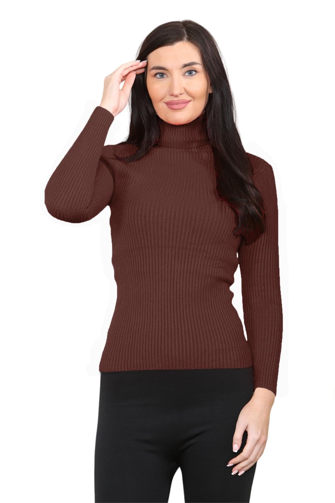 Gostyles Women's Brown Gostyles® Ribbed Knitted High Polo Roll Neck Jumper, Casual Smooth Stretchy Pullover Knit Turtleneck Plain Sweater Top (, 10)