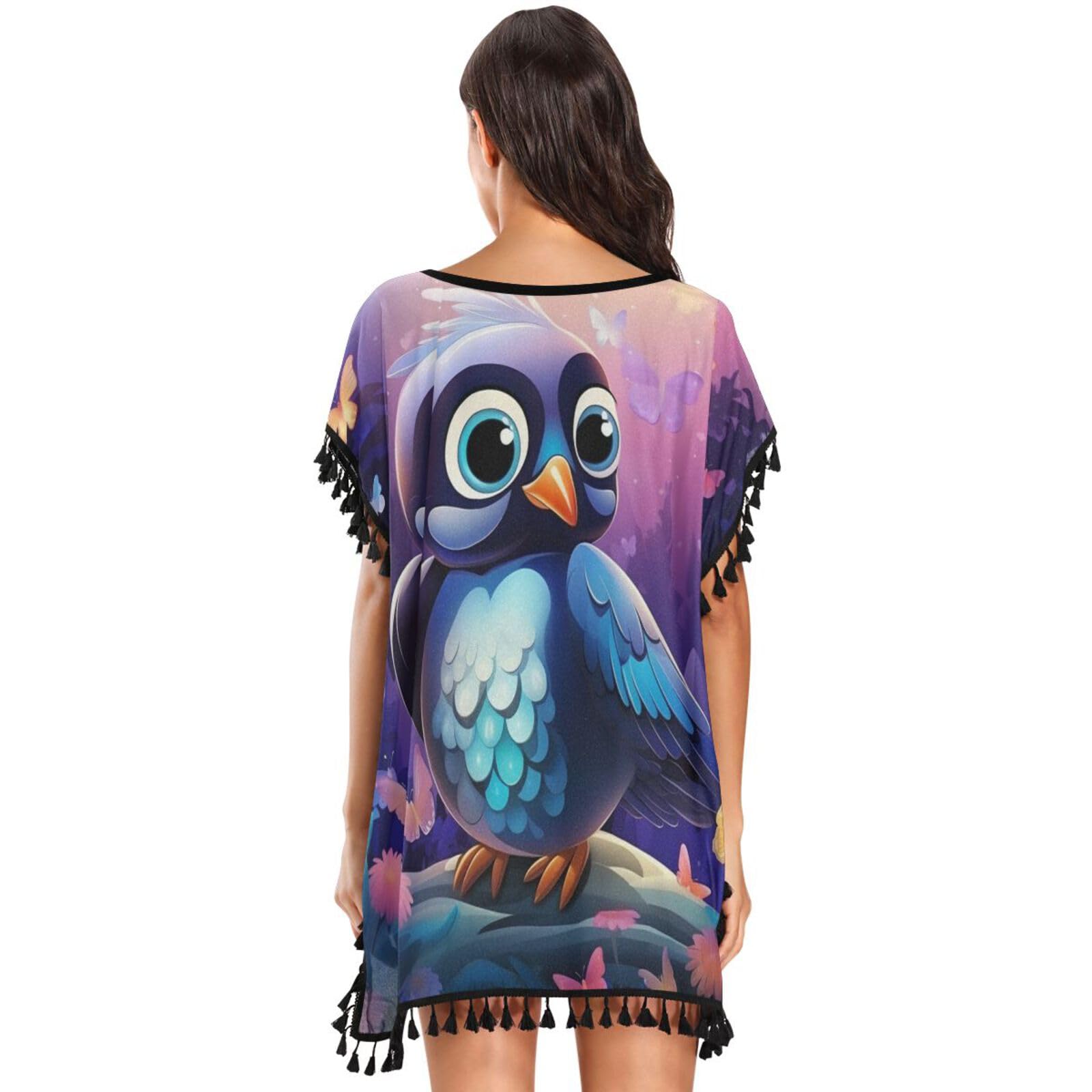 Forest Flower Animals Penguin Women's Beach Cover Up Chiffon Tassel Swimwear Swimsuit Coverups for Girl