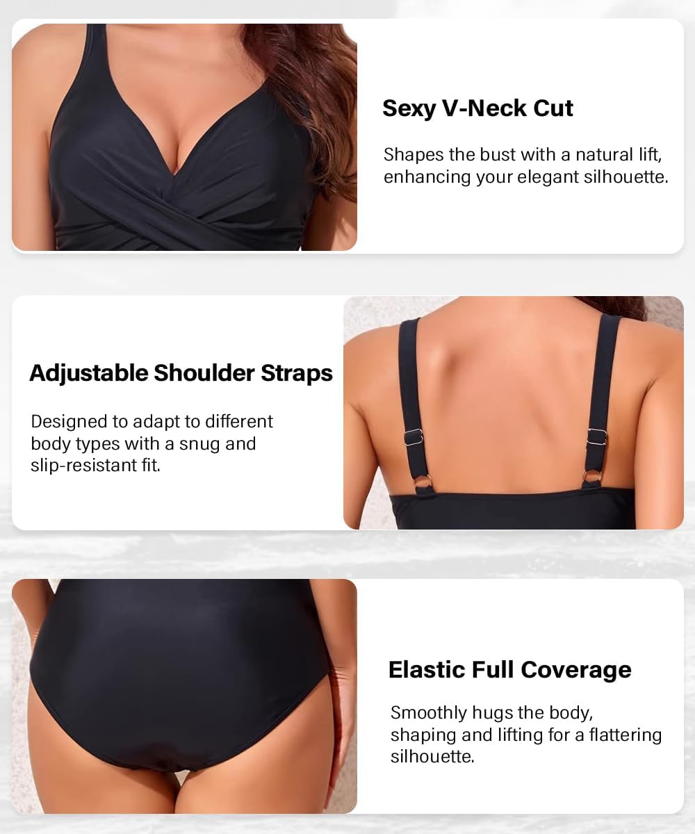 One Piece Swimsuit Women Tummy Control Adjustable Shoulder Straps V Neck Womens One Piece Swimsuits - Image 5