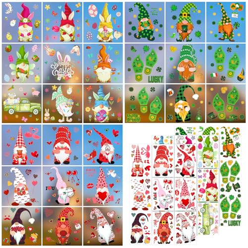 Yinder 27 Sheets Easter Window Clings Decorations Easter Bunny Eggs Shamrock Gnome Valentine's Day Window Decals Irish Decoration St. Patrick's Day Stickers for Party(Classic)