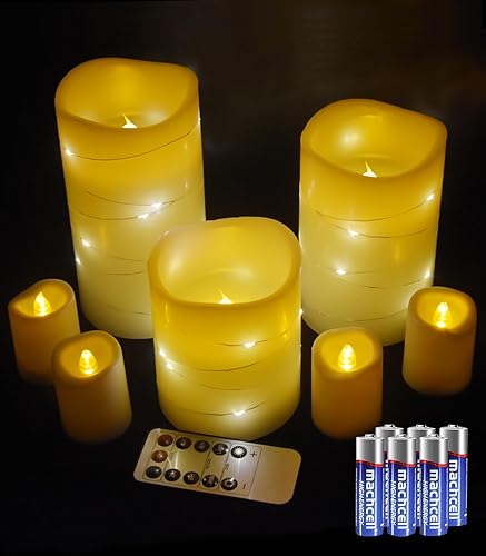 danip Vela LED blanca sin llama con cuerda de estrella incrustada, juego de 3+4 piezas de velas LED, con control remoto de 11 botones, función de