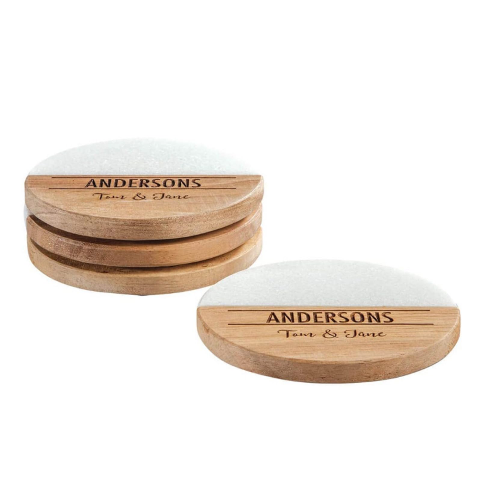 Posavasos personalizados de madera de mármol con nombre grabado, tazas de café, posavasos de té para familia, pareja, despedida de soltera, regalos de inauguración de la casa (8 piezas)