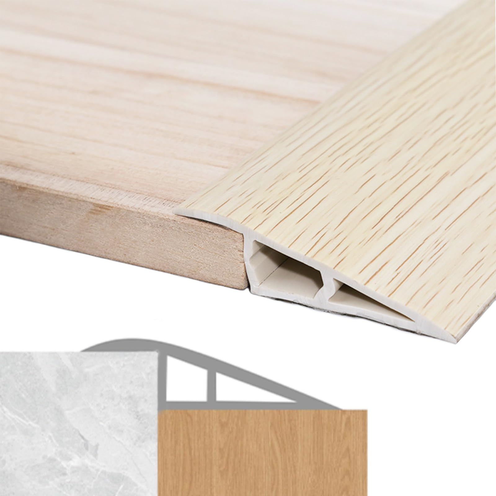 1.5M Self-Adhesive Floor Transition Strips, PVC Carpet Door Strips, Waterproof Door Threshold Strips for Doorways/Carpet/Floor Tile Edge/Scooter-Supports 10mm Height Difference-White Wood Grain