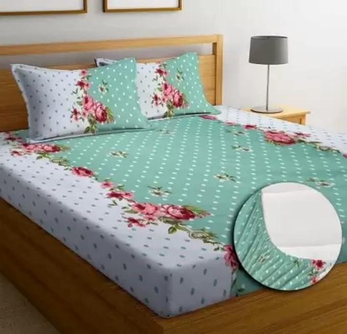 TELIMINIA Double Bed Size Glace Cotton All Over Elastic Fitted Double Bedsheet with 2 Pillow Covers - 72 x 78 x 6 inches (Green Floral)