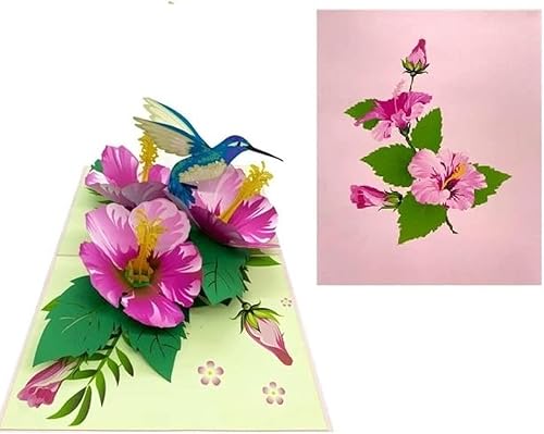 Tarjeta de felicitación desplegable de hibisco y colibrí 3D para cumpleaños, solo porque pensar en ti, jubilación, recuperarse, felicitaciones,