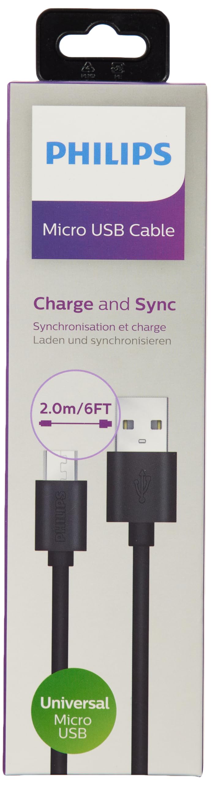 Philips Usb-Micro Usb Şarj Kablosu, 2 Metre, Pvc, Siyah (Dlc3106U/00)