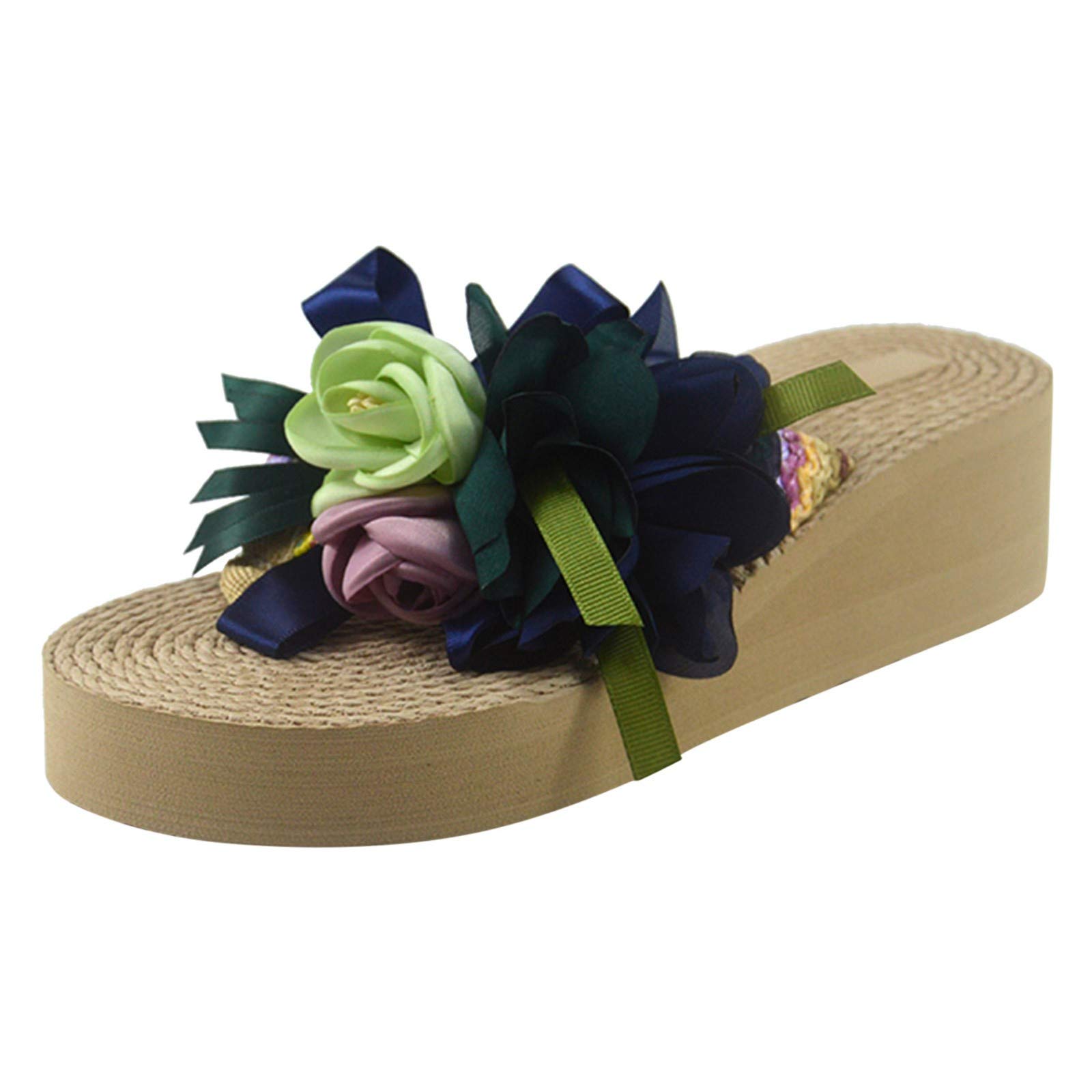Sandals Women Home Beach Breathable Slipper Weave Shoes Wedges Flip-Flops Flower Women's Womens Slippers Size 9 New (Navy, 6.5-7)