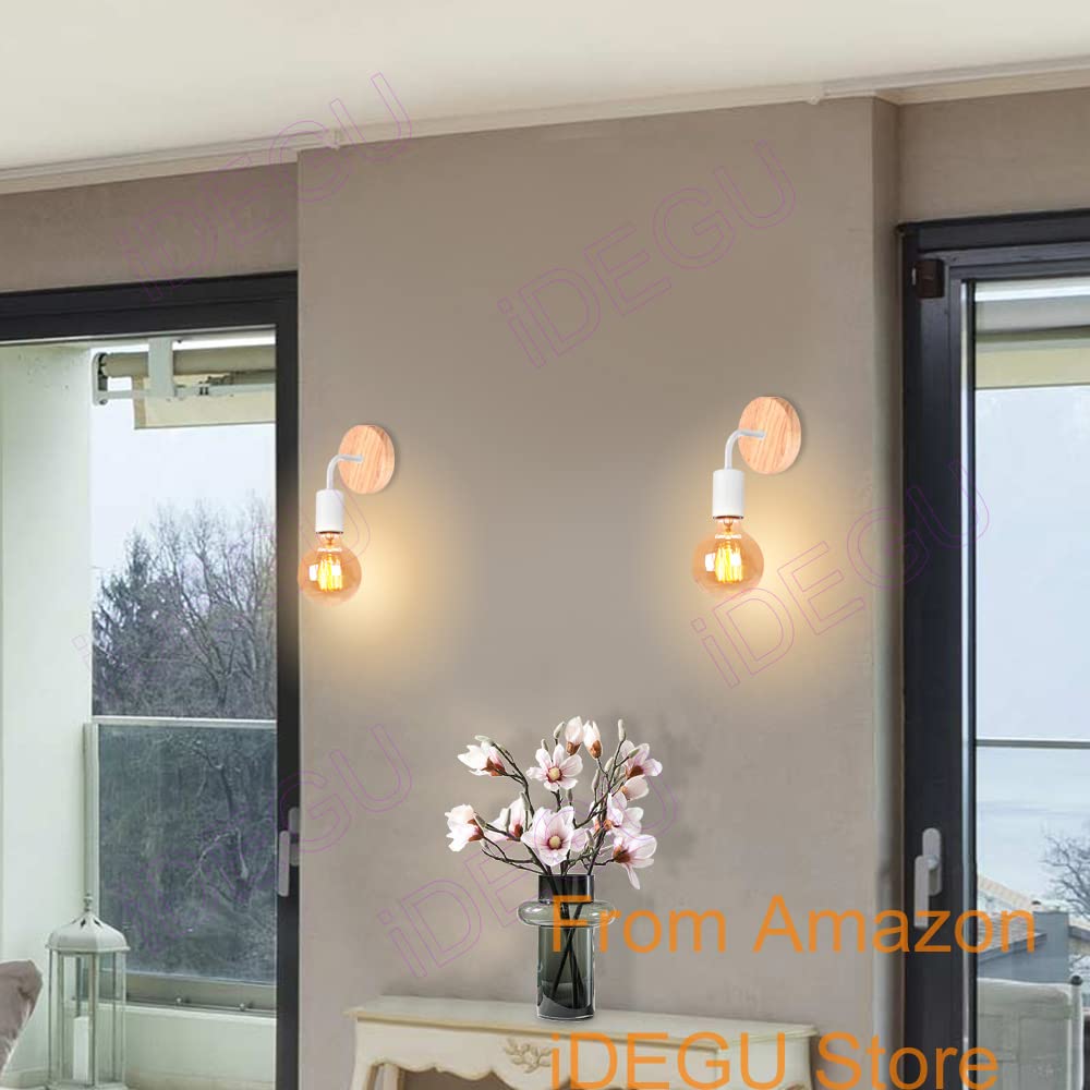 iDEGU Lot de 2 Appliques Murale Interieur Lampes Murale en Métal et Bois E27 Éclairage Mural pour Chambre, Salle de Bains (Support Bois - Blanc)