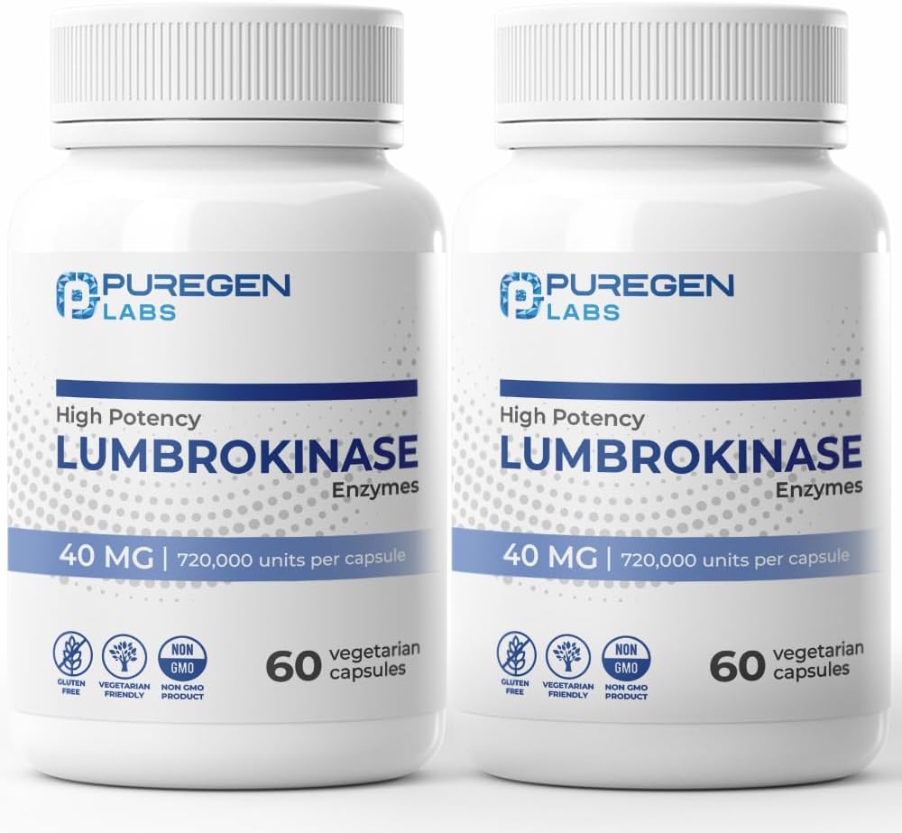 Puregen Labs Lumbrokinase 40mg per Capsule High Potency Supplement | High Activity Lumbrokinase Enzymes | No Harmful Additives | Non-GMO | Gluten Free - 60 Vegetarian Capsules