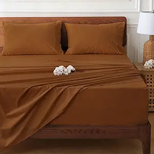 HYPREST 100% Cotton Sheets for Queen Size Bed Deep Pockets Fit 18"- 24" in Deep Mattress, Burnt Orange Hotel Luxury Soft Wrinkle Free Cooling Sheets for Queen Size Bed