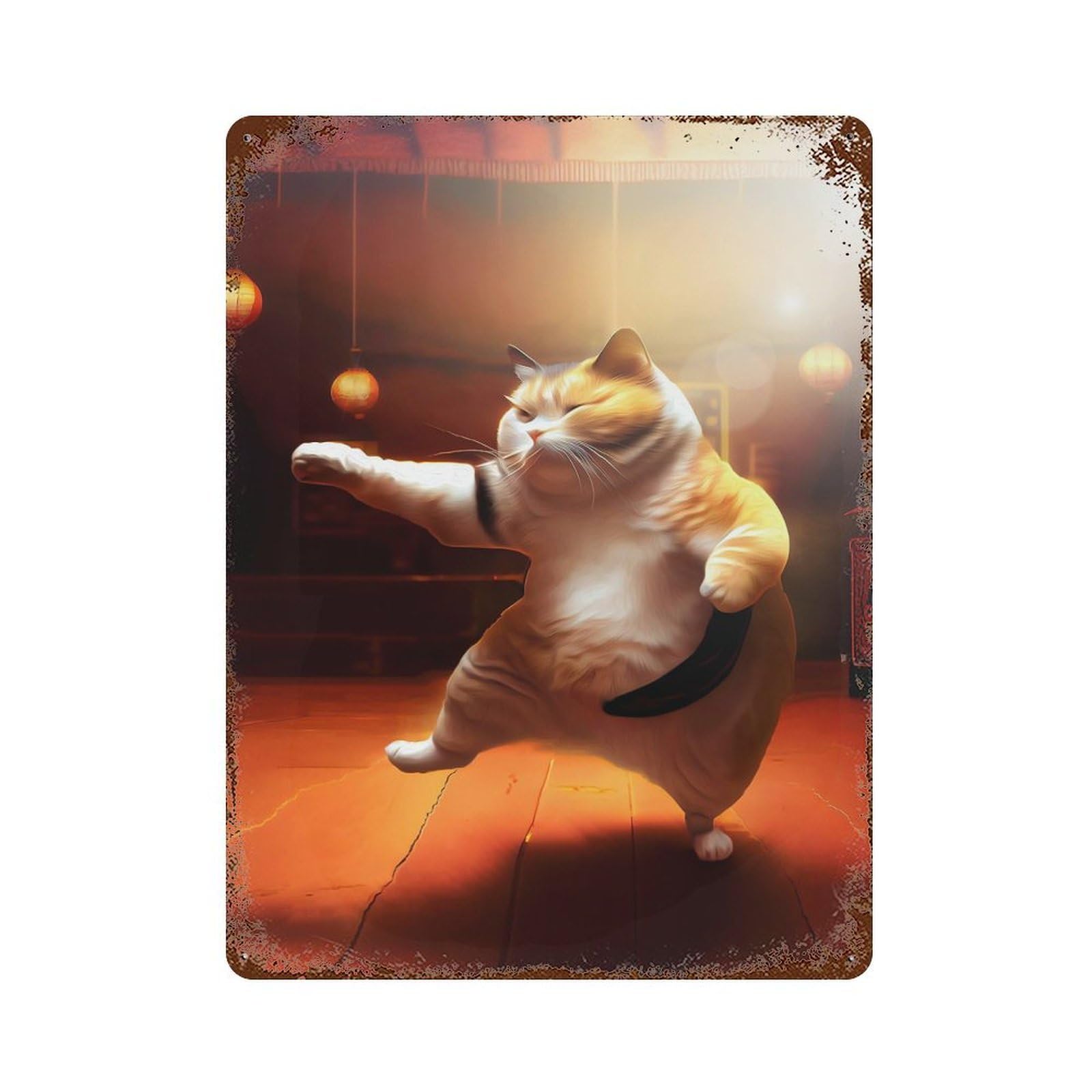 Distressed Metal Wall Sign with Funny Cat Training Karate Design 15.7"x11.8", for Farmhouse, Kitchen And Entryway Decor, Old School Wall Decor