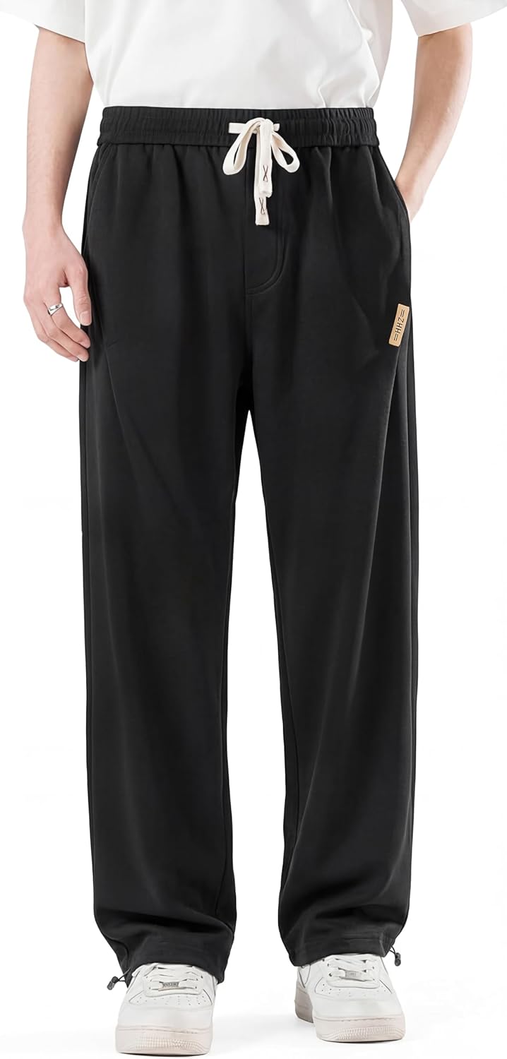 HHZ Men's Cotton Straight Leg Sweatpants - Black Loose Fit Joggers, Casual Athletic Pants for Fall Winter Spring