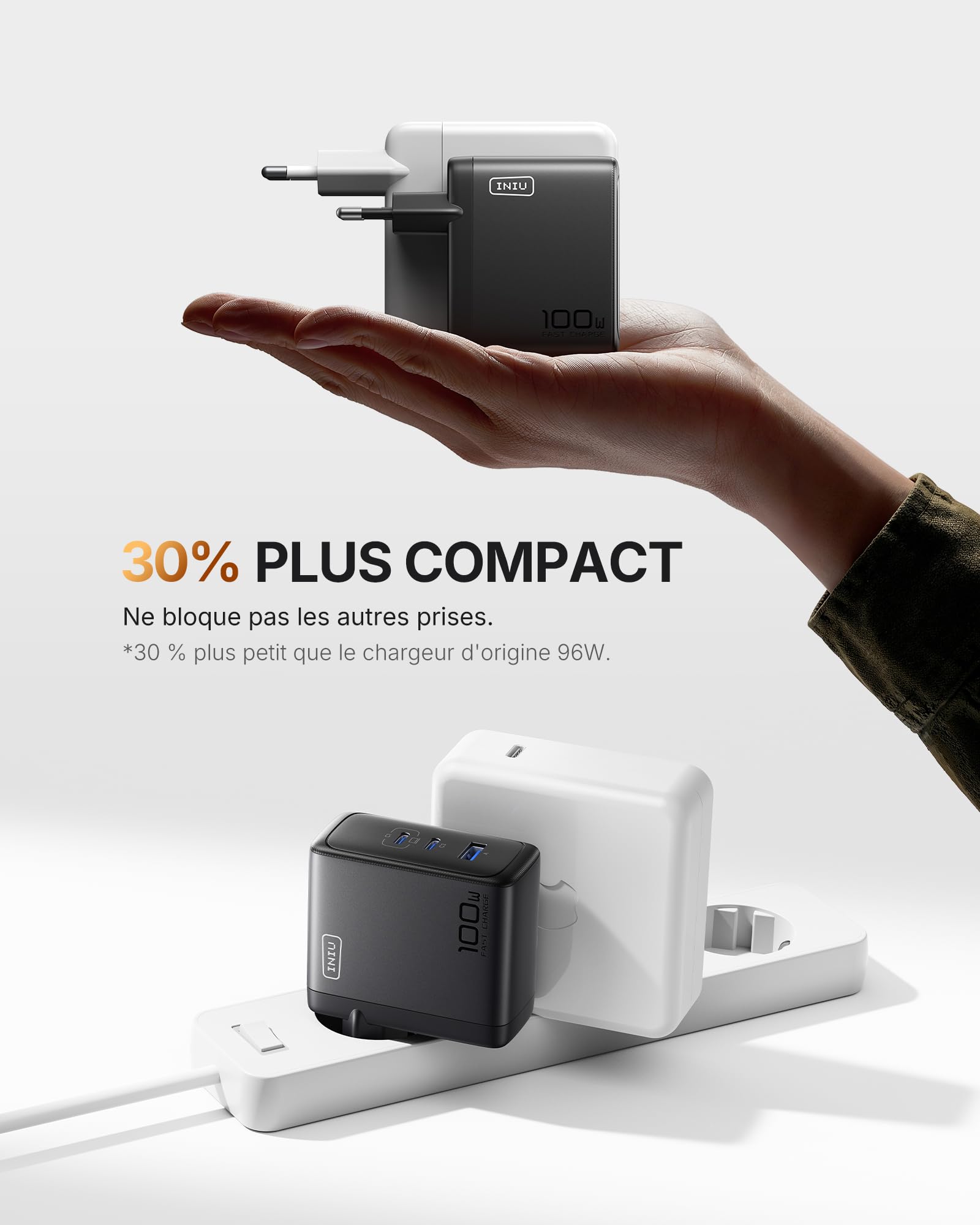 INIU 100W Chargeur USB C, 3-Ports [USBC + USBA] Chargeur Rapide et Compact, GaN QC Prise Type C Adaptateur pour MacBook Air, iPad Pro, iPhone 17 16 Pro Max, Samsung S25 S24 Ultra, Switch 2, Xiaomi etc