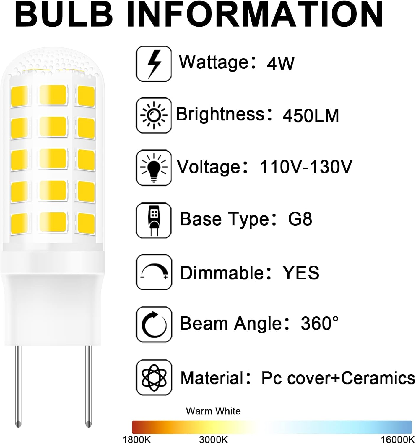 G8 LED Bulb Dimmable,4W (35W-40W Halogen Equivalent),Warm White 3000K,T4 JCD Type Bi-Pin Flat Base,120V 450LM Light Bulbs for Under Cabinet,Counter Lighting,Over The Range Microwave Hood,6-Pack