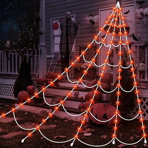 Halloween Spider Web Lights 150 LED Lighted Spider Web Giant 16.4 Ft Halloween Decorations Light up with 8 Lighting Modes Waterproof & Timer for Outdoor Indoor Yard Haunted House Decor (Orange)