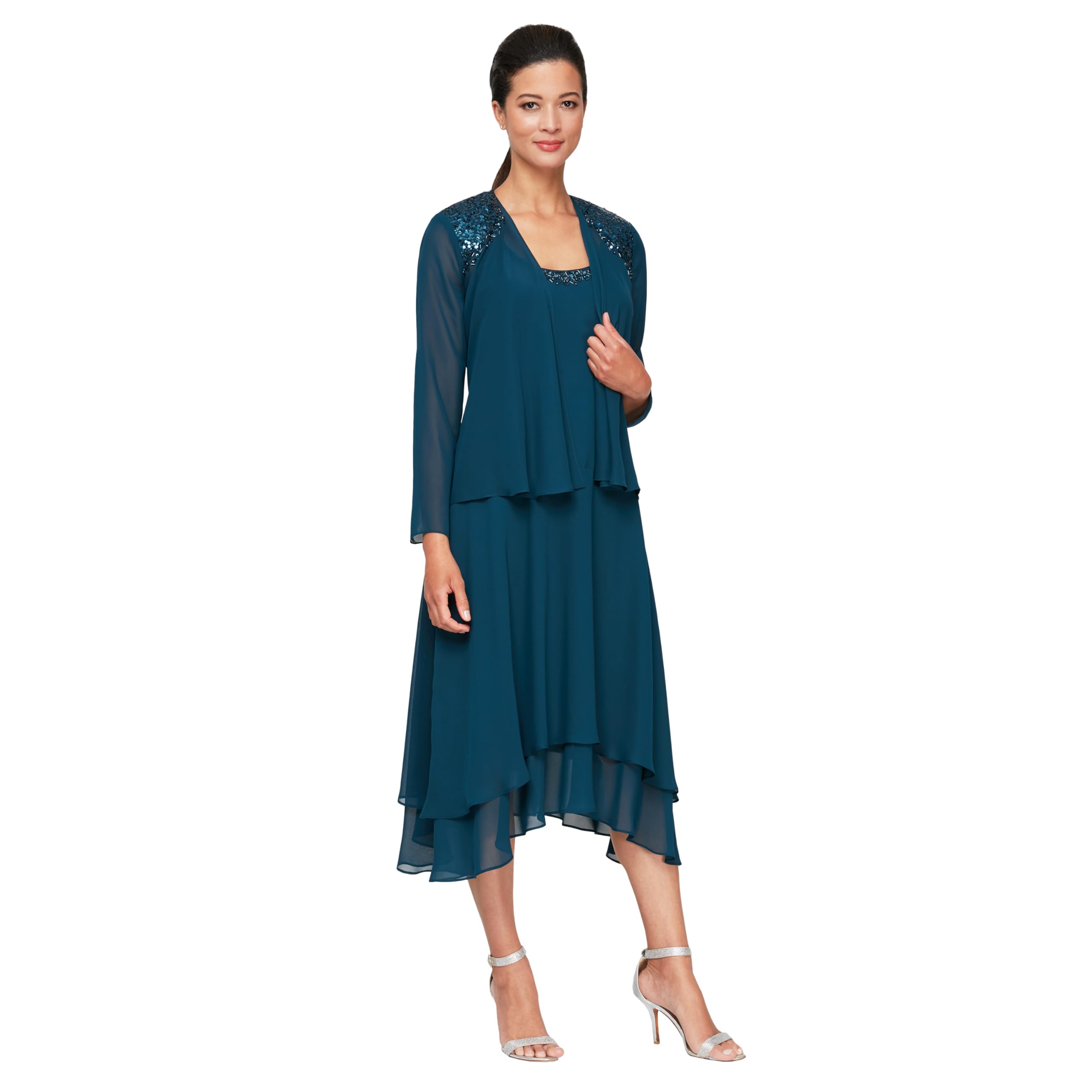 S.L. Fashions Women's Mother of The Bride Dress with Embellished Neckline & Shoulder, Wedding Guest (Petite and Regular Sizes) Special Occasion, Mid Teal, 10