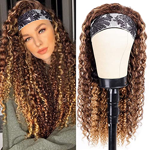 Highlights Ombre Deep Wave Headband Wigs Human Hair for Women 12A Human Hair Headband Wigs P4/27 Piano Color None Lace Front Wigs Natural Curly with Headband Brazilian Virgin Human Hair 220% Density……