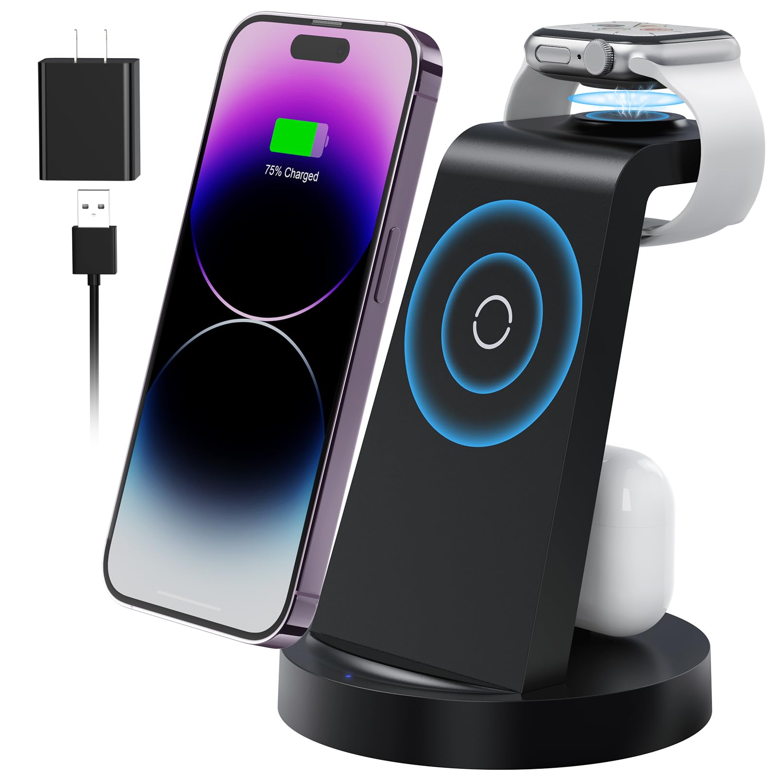 COOLBABY Wireless Charging Station, 3 in 1 Wireless Charger Compatible with iPhone 13 Pro/13/12/11/Pro/SE/XS/XR/X/8 Plus/8, Fast Wireless Charging Stand Dock for Apple Watch Series & Airpods