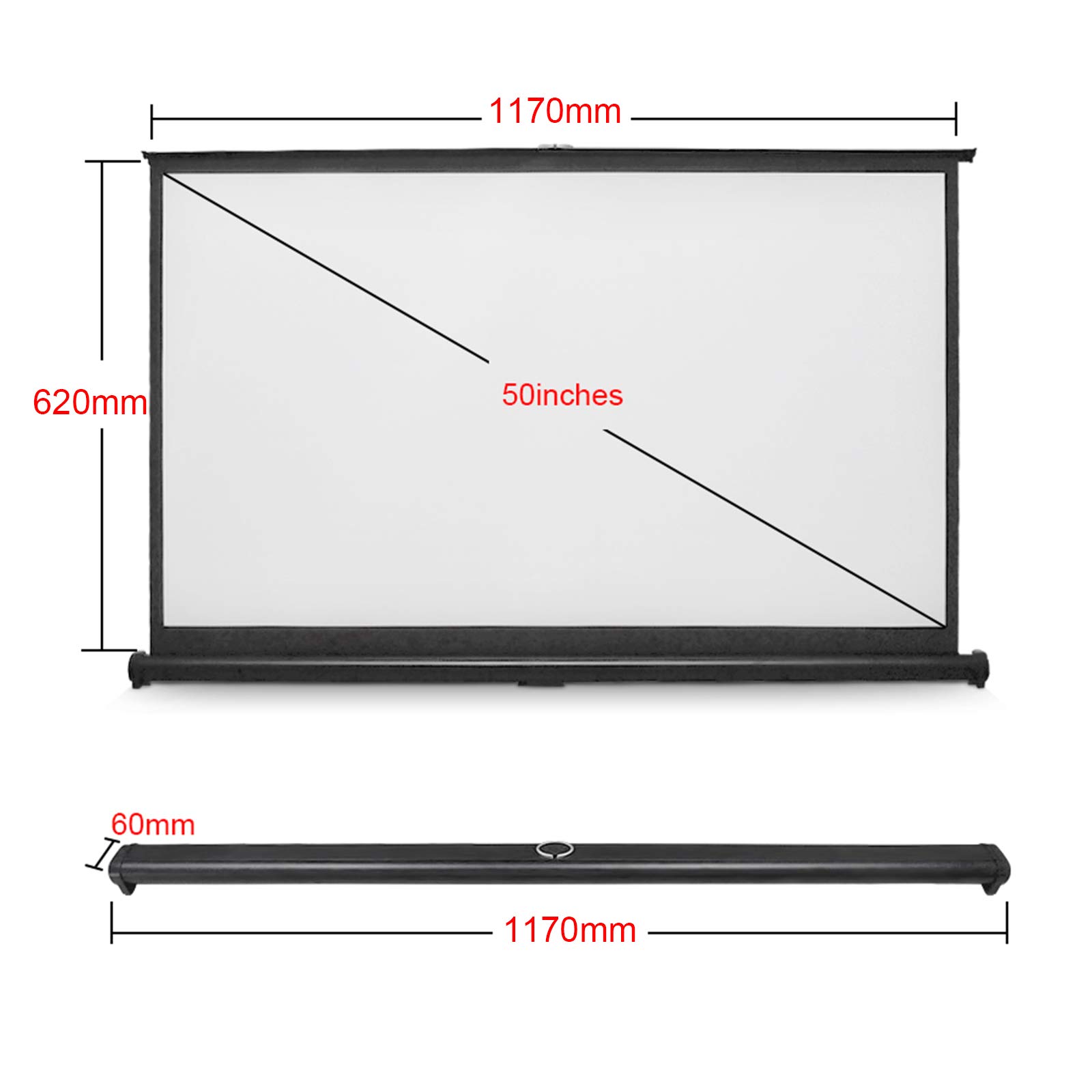 Ręcznie podciągany ekran projektora, kino domowe 4K Ultra HD 3D gotowy przenośny ekran łatwy do przenoszenia do prywatnego kina, spotkania (50"-16:9)