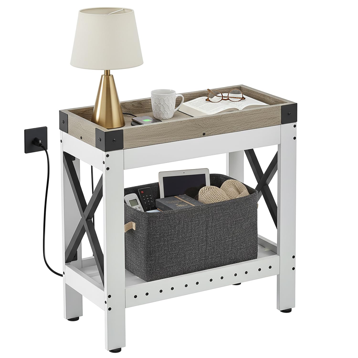 ZEXVIDA Narrow End Table with Charging Station, Modern Farmhouse Side Table with 2 USB Ports & Power Outlets, Slim Industrial Nightstand for Small