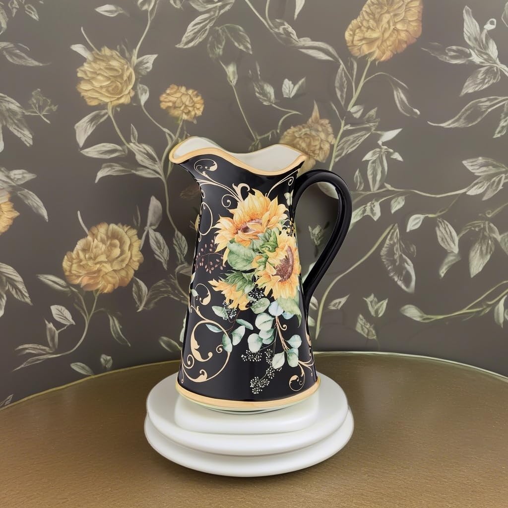 Sunflower Fields 96 oz Ceramic Pitcher-Decorative Farmhouse Floral Water Jug for Serving Iced Tea, Lemonade, Sangria, and Juice-Elegant Rustic Table Décor & Vase for Kitchen or Outdoor Entertaining