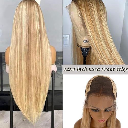 Miniatura 3 de Peluca de cabello humano con cierre de 4 x 4 rubio con reflejos 412613 de color mixto lacio degradado medio a marrón con reflejos rubio miel,