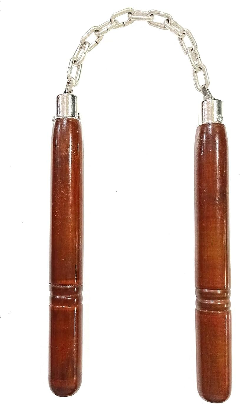 DRT Martial Arts Karate Wooden Pocket Nunchaku, Stainless Steel Nunchaku Chen Xi for Martial Arts Rod Convertible Training Dual-Section Stick (9" Chain & 10" Gripping Adjustable Handle)