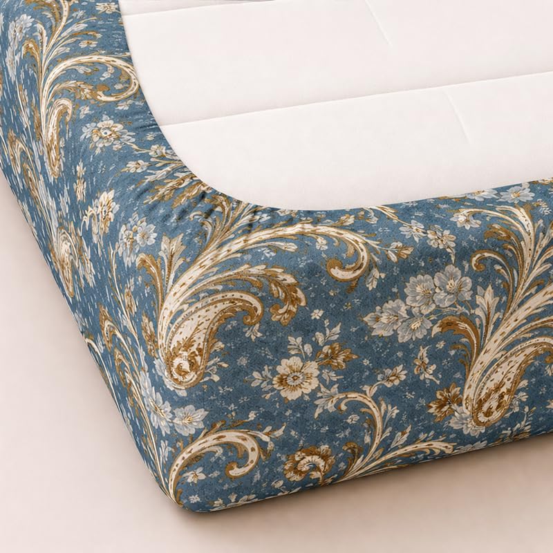 Image of Fitted Sheet Blue Paisley Floral Print Fitted Bedsheet | Glace Cotton 140 TC | Single Size (36x75 inch) with 2 Pillow Covers (18x28 inch) | Deep Pocket up to 10 Inches - Soft & Comfortable