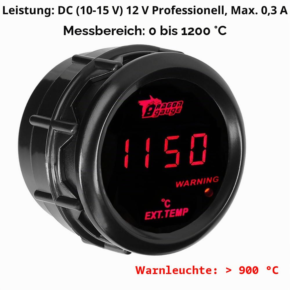 ETOPARS Universelle Auto Abgastemperaturanzeige 2Zoll 52mm Auto Abgasmessgerät Digitales Auspuff Gas Temperatur Anzeige Abgas Rot Lichtanzeige Instrument Rauchtönung Len