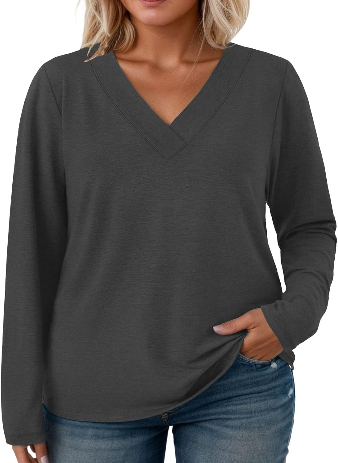 VISLILY Plus-Size-Tops for Women Trendy V Neck T Shirts Casual Long Sleeve Dressy Cute Blouses Loose Fit Tunics Tees XL-5XL - Image 2