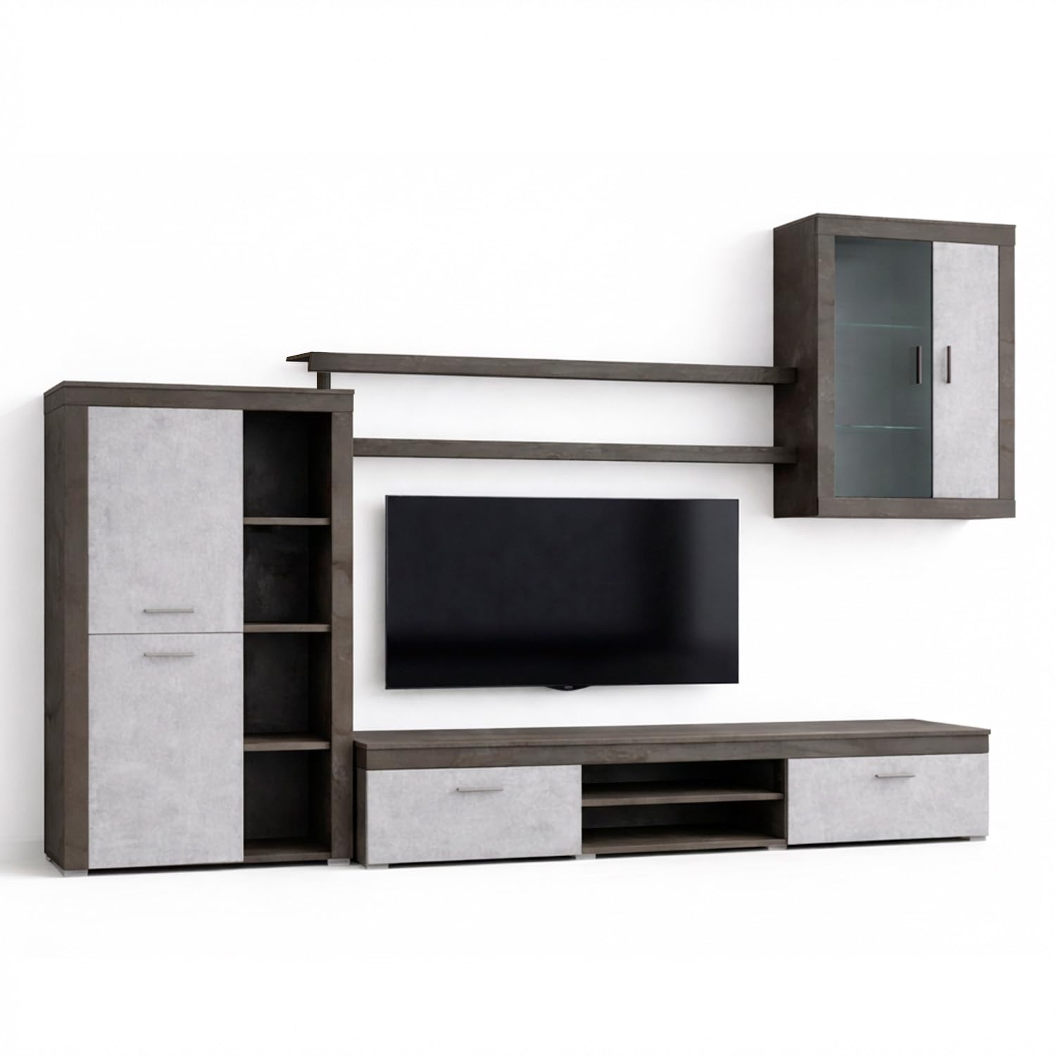 Arreditaly Parete Attrezzata Da Soggiorno Salotto Moderna Con Ante Mensole Vani A Giorno Vetrinetta Mobile TV Design Moderno Moduli Sospesi 293 x 193 x 50 Cm (Ossido e Grigio Cemento)
