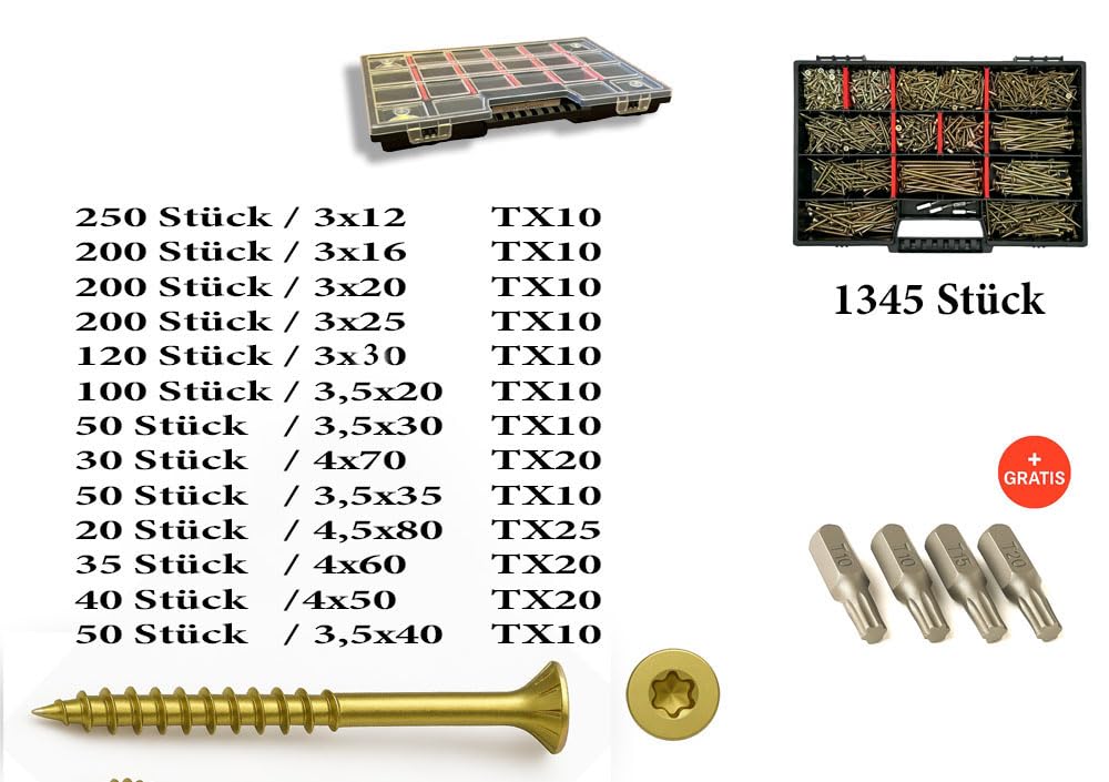 FRACKMANN Schraubenset 1345 Teile – Holzschrauben & Spanplattenschrauben 3x12 bis 4,5x80 – inkl. 4 TX Bits & Sortimentskoffer – Profiqualität
