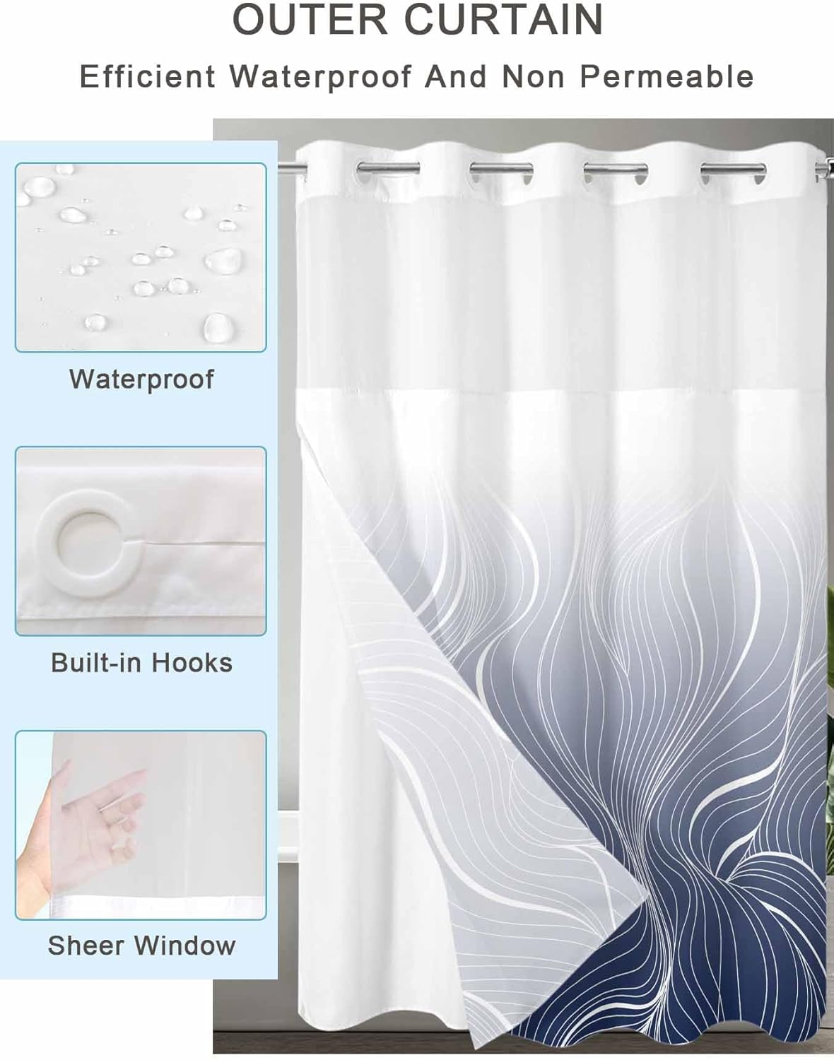 Navy Blue Stripes Ombre Geometric Vertical Striped No Hooks Shower Curtain and Liner Set,Hotel Style Fabric Bathroom Shower Curtains Waterproof Polyester Bath Bathtub Curtain with Sheer Window,72"x78"