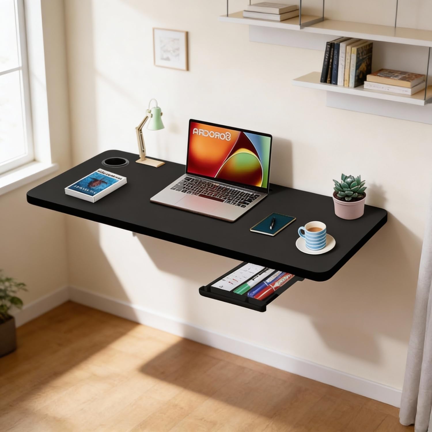 wow craft Wall-Mounted Multipurpose Study Table for Home & Office | Foldable Wooden Desk with Drawer, Cable Slot & Cup Holder | Space Saving Workstation – 31x18.5 Inches (Matte Black)