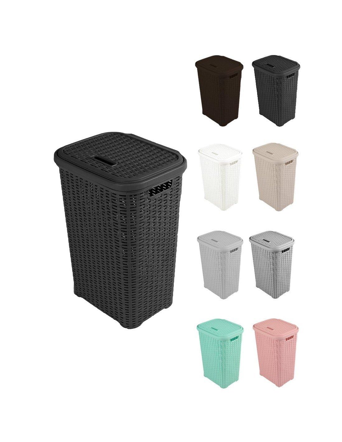 JARDIN202 - Wäschekorb aus Kunststoff mit Griffen, 38 l, mit Deckel, 49 x 39 x 30 cm, 38 Liter, Schwarz