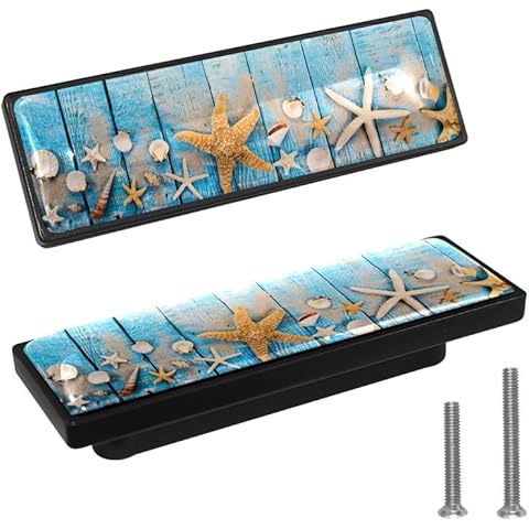 LORVIES 4 Pack 3.6" Ocean Decorative Cabinet Knobs, ABS Glass Rectangle Double Holes, Cabinet Dresser Drawer Door Handles Pulls for Home Kitchen Decor (Starfish Shells Blue Wood) Cover