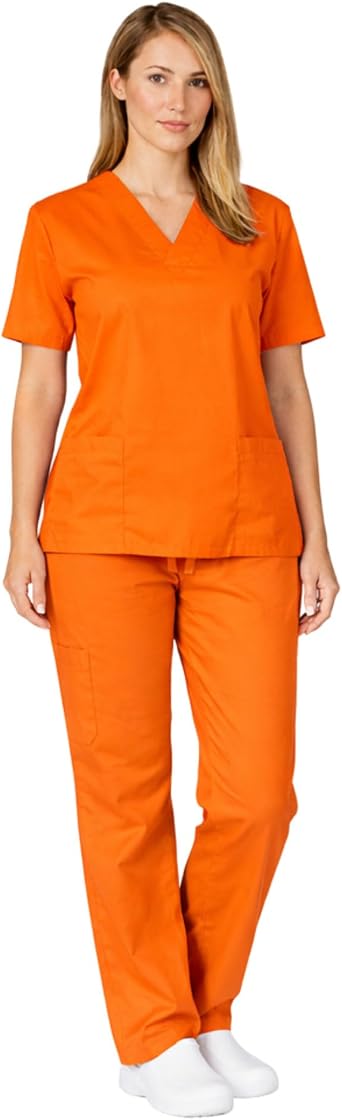 M&M SCRUBS Womens Medical Scrub Set V-Neck Top & Pants with Pockets, Poly Cotton Nursing Uniform