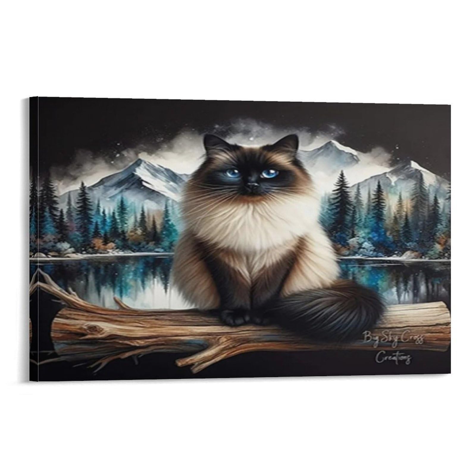 CPLVKWRQJ Siamese Cat Landscape Single Piece Ragdoll Cat on Log by Mountain Lake Framed Canvas Print - Bedroom Statement Piece Easy to Clean Ready to Hang 12x18inch(30x45cm)