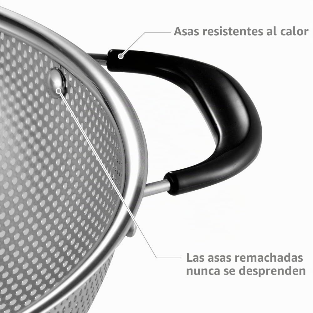 Colador de acero inoxidable 18/8, colador microperforado de fácil agarre de 5 cuartos de galón, colador con asas remachadas y resistentes al calor, sin BPA, aprobado por LFGB. Ideal para pasta, fideos