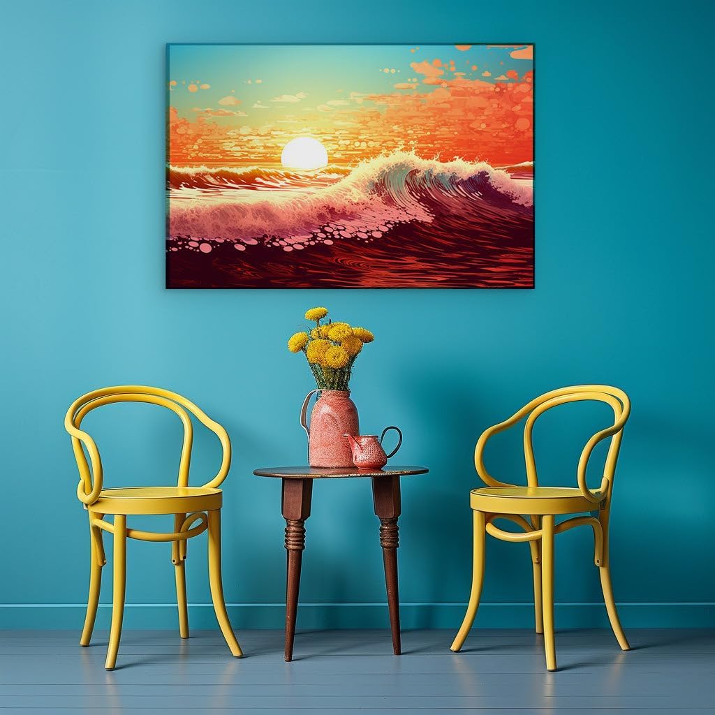 Canvas for Living room. Sunset Serenade The Dynamic Dance of Waves and Light, 27 x 18 inch Canvas Wall Art - Contemporary Masterpieces - Modern Home Decor