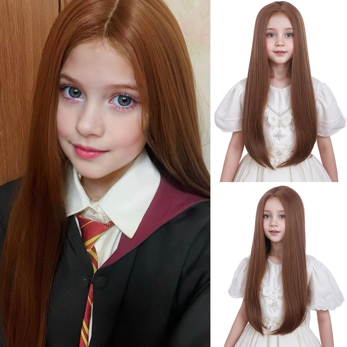 Ufindcos Brown Wig for Kids Long Girls Brown Wig Middle Part Straight Wig for Child Natural Synthetic Wig With Wig Cap
