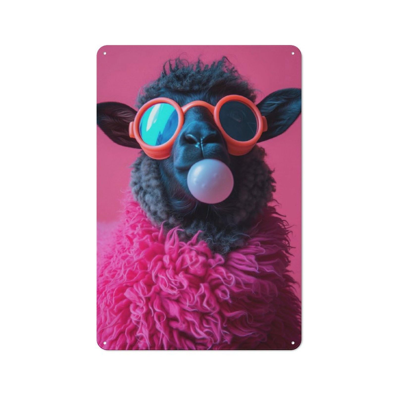 Junmoney Style-12 Llama With Sunglasses Blowing Bubble Gum Rustic Tin Wall Plaque 30X20cm For Hobby Room Or Studio, A New Home Present For Creative Interior Collectors