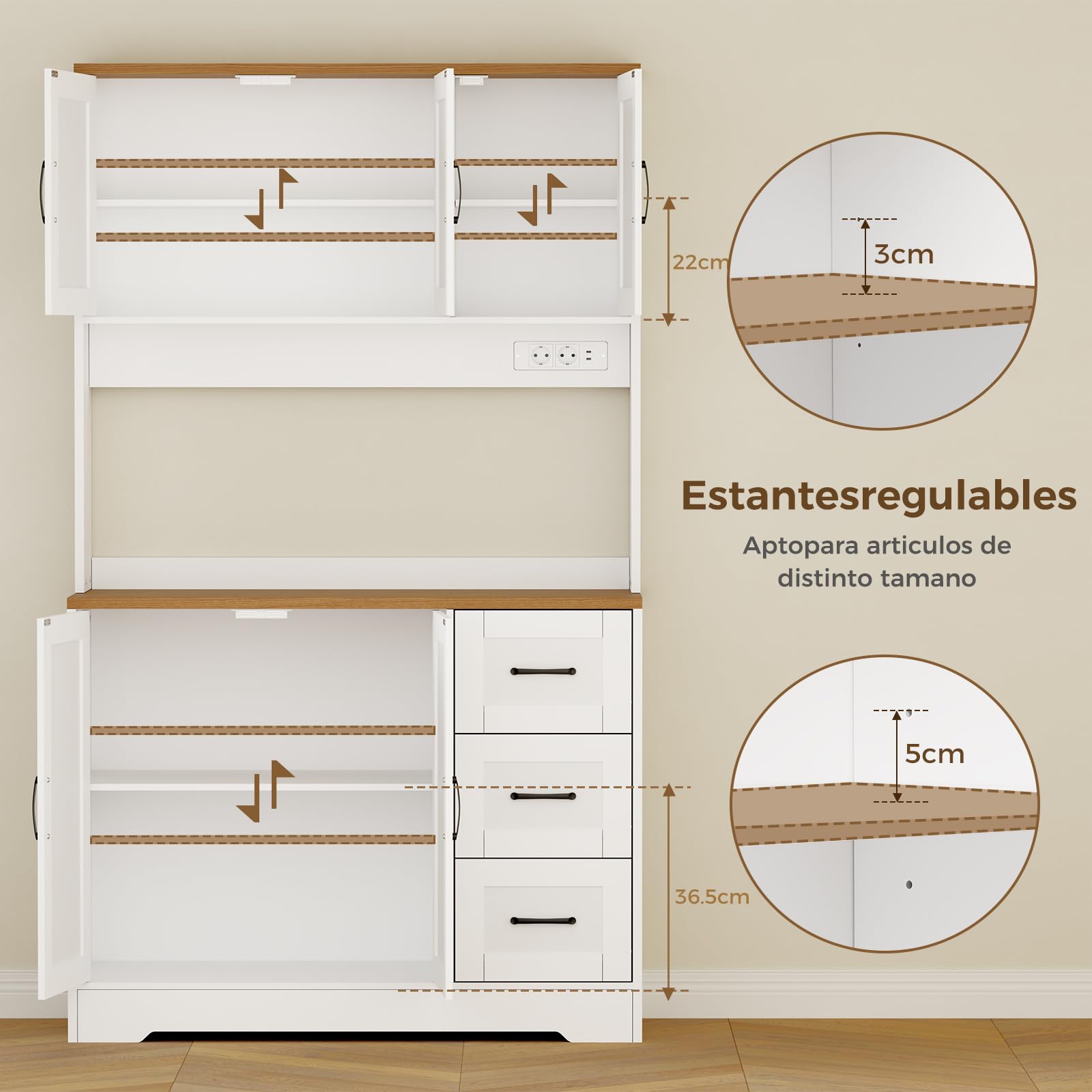 BEWISHOME Alacena de Cocina, Mueble Cocina Auxiliar con LED y Enchufes USB, Armario Cocina Alto con 5 Puertas y 3 Cajones, Estantes Regulables, para Cocina, Comedor o Salón, 100x40x180 cm, Blanco