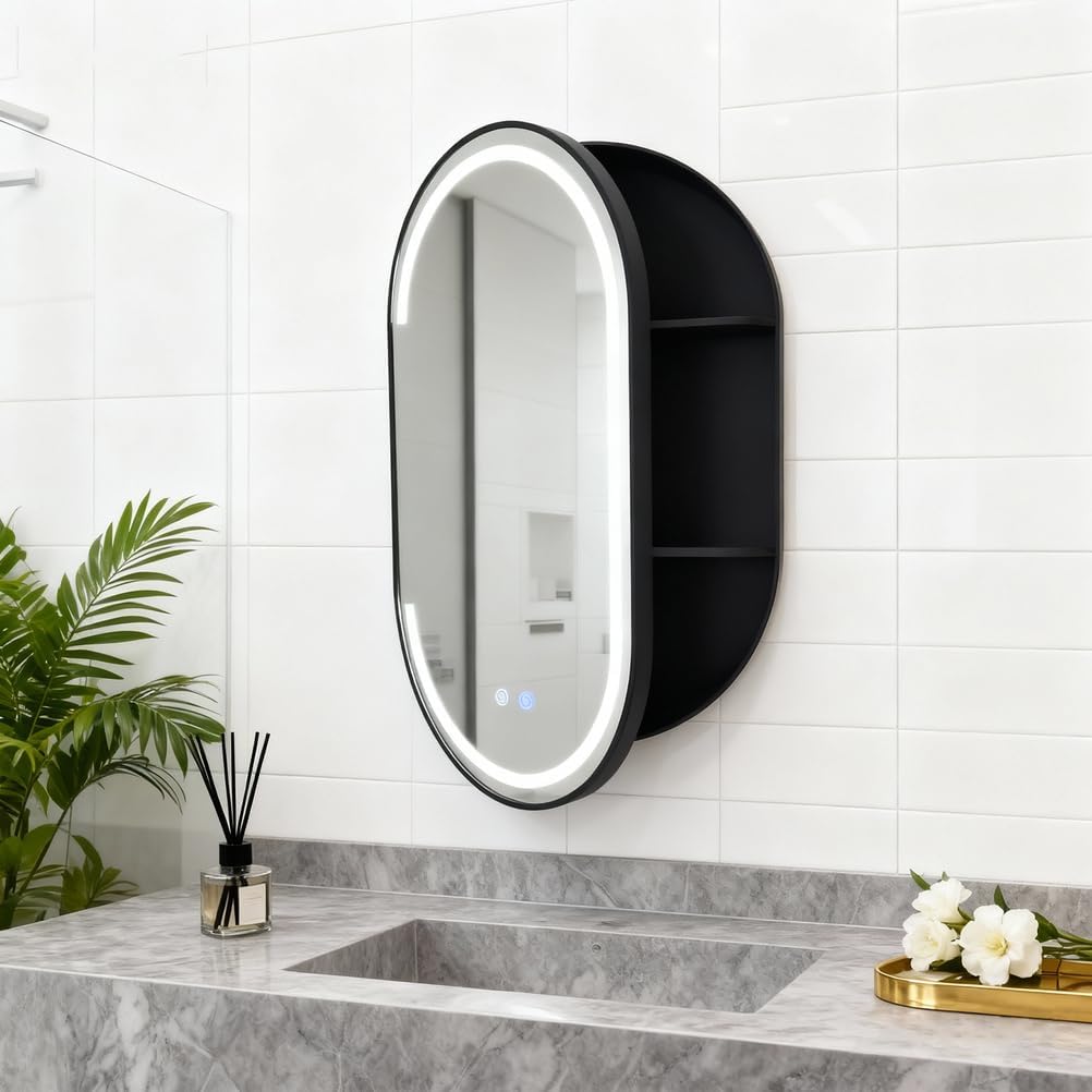 ZTGL Oval Medicine Cabinet with Mirror, Bathroom Mirror with 3 Shelves Storage, Aluminum Alloy Bathroom Cabinet with Mirror, Wall Mounted Storage Cabinet, with LED Light,Black,50x80cm