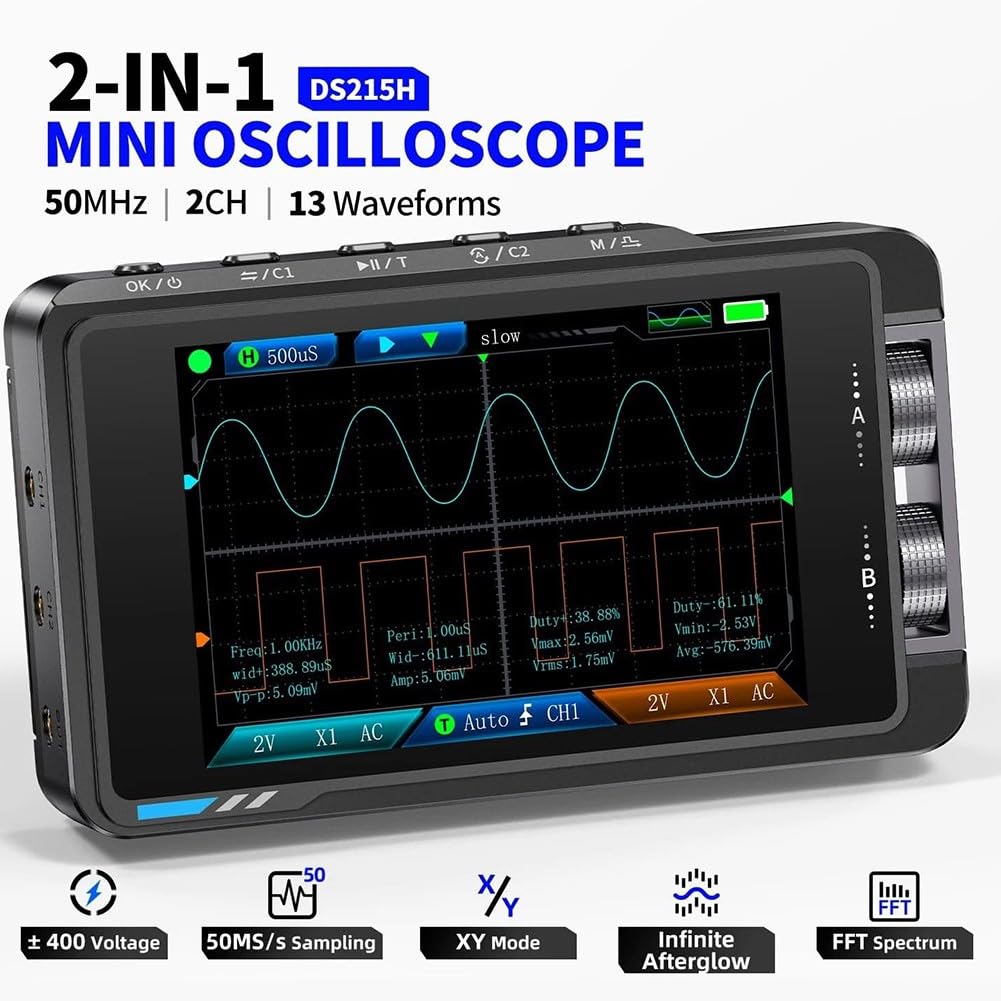 DS215H Oscilloscope à stockage numérique à double canal Bande passante 50 MHz avec générateur de signal 250 MSa/s Taux d'échantillonnage Écran HD de 3,5 pouces (DS215H de haute qualité)