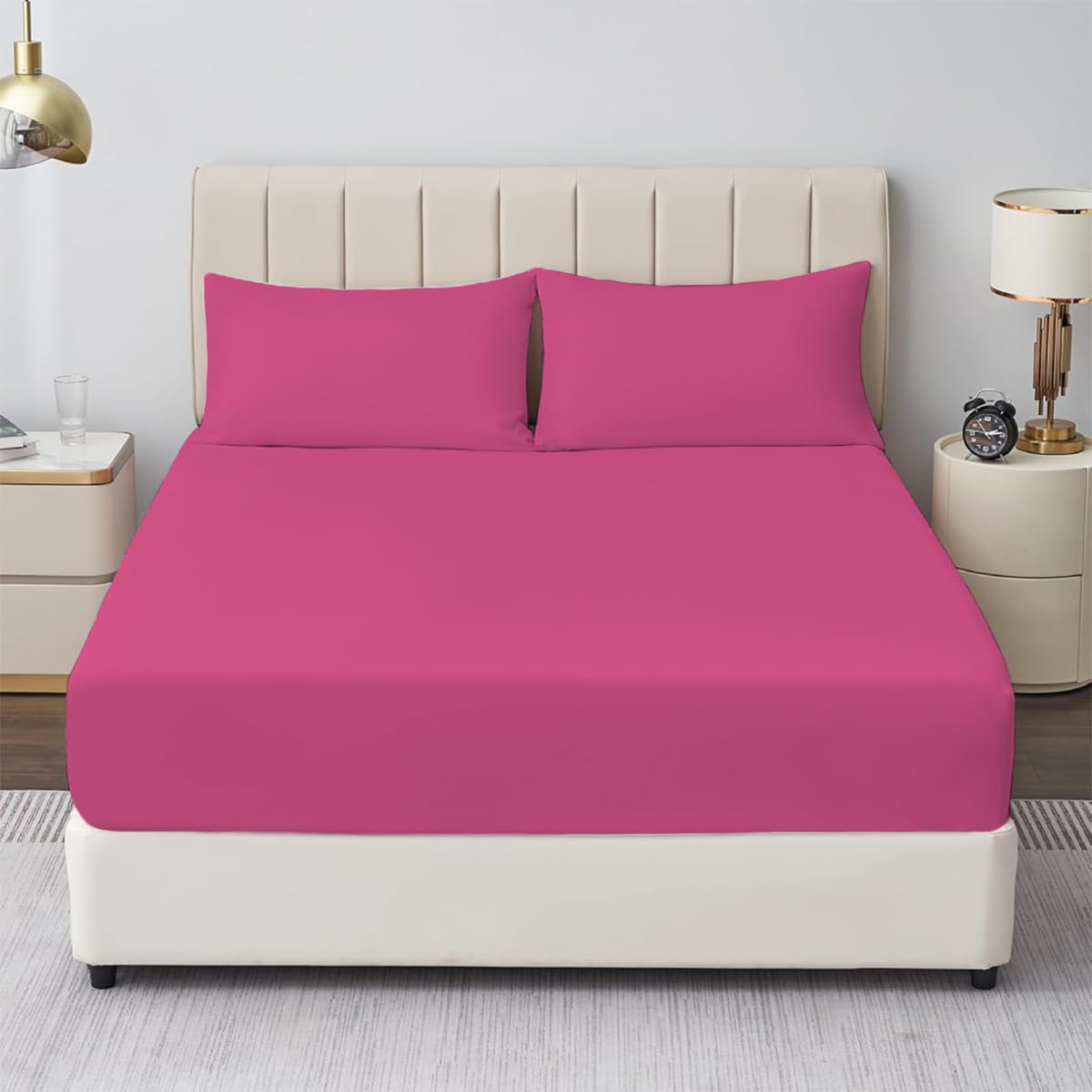 Rohi Double Fitted Sheet with Two Pillowcases – 25cm Depth – Pure Polycotton Plain Bedding (Double Fitted Sheet & Pillowcases, Fuchsia)