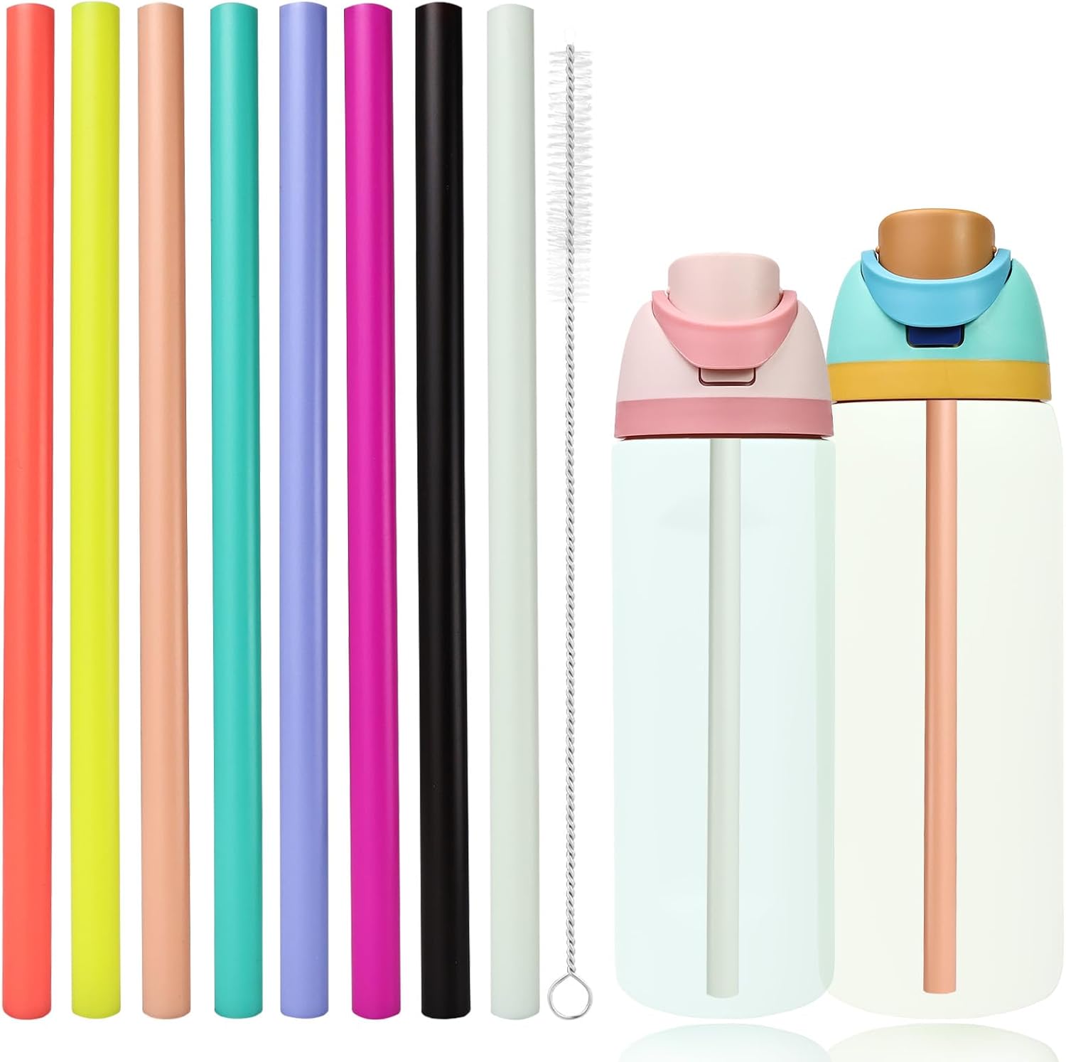 8pcs Replacement Straws for Owala FreeSip 24oz 32oz Bottle, Reusable Plastic Straws with Cleaning Cleaner Brush for Insulated Stainless Steel Water Bottle Tumbler Accessories(8 Color)