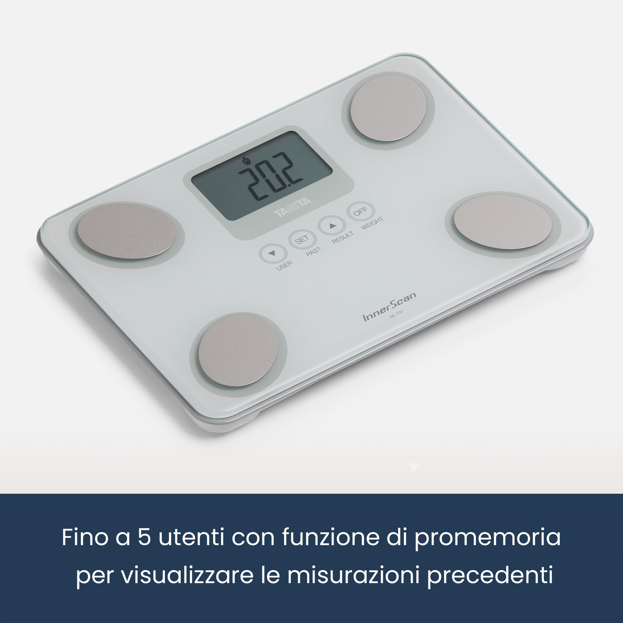 TANITA BC-731 Monitor della Composizione Corporea Innerscan Compatto in Vetro, Display LCD, di Facile Lettura, 10 Misurazioni, Bianco